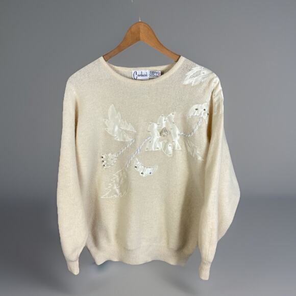 Carducci Angora Sweater Women’s Medium Cream Embellished Holiday Glam Retro ‘80s - Picture 1 of 16